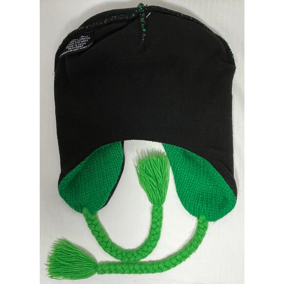 Green Frog Themed Braided Tassel Soft Lined Chunky Knit Beanie Adult One Size - Picture 3 of 5